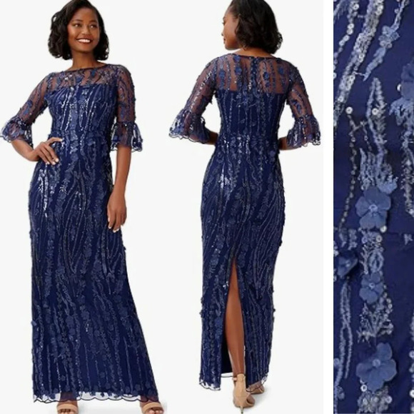 New! Adrianna Papell Long 3D Floral Applique Beaded Sequin Gown 22221 - Picture 1 of 16